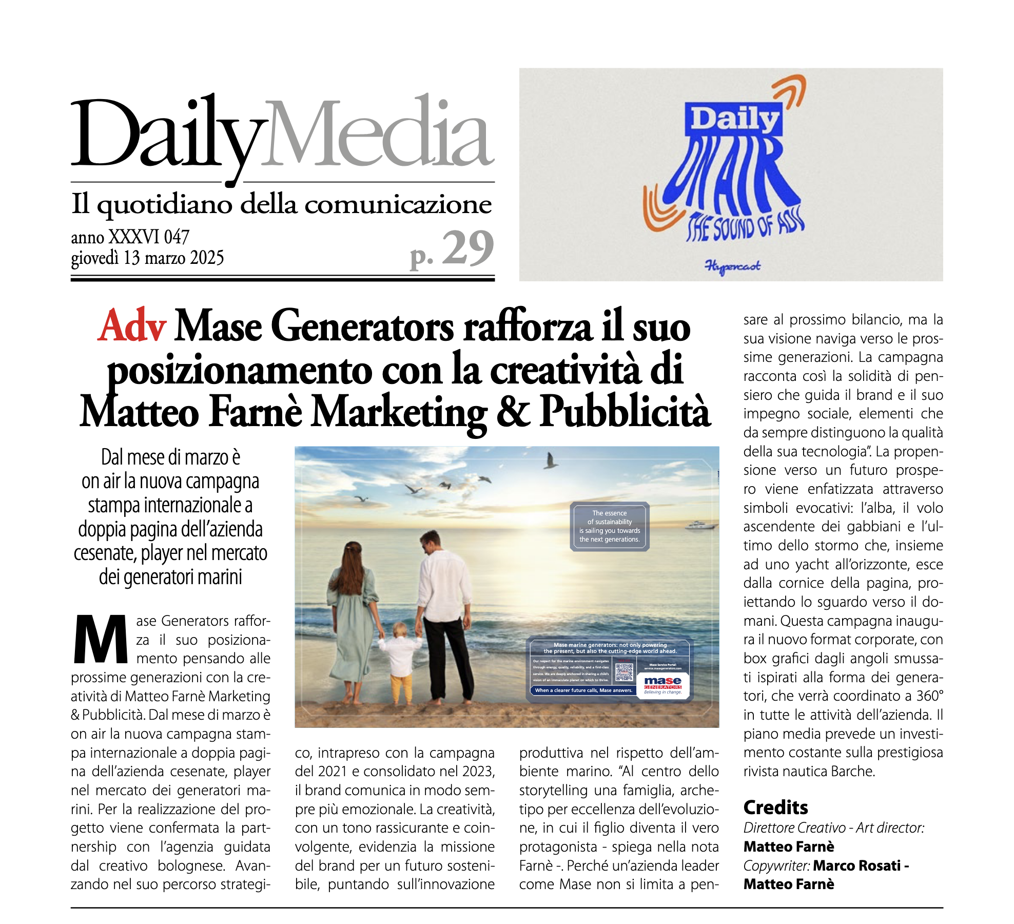 Articolo Daily Media su Mase Generators con campagna creativa di Matteo Farn&egrave;